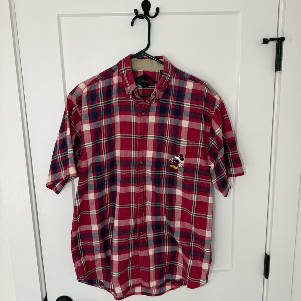 Vintage Disney Embroidered Mickey Mouse Plaid Short Sleeve Button Down Shirt